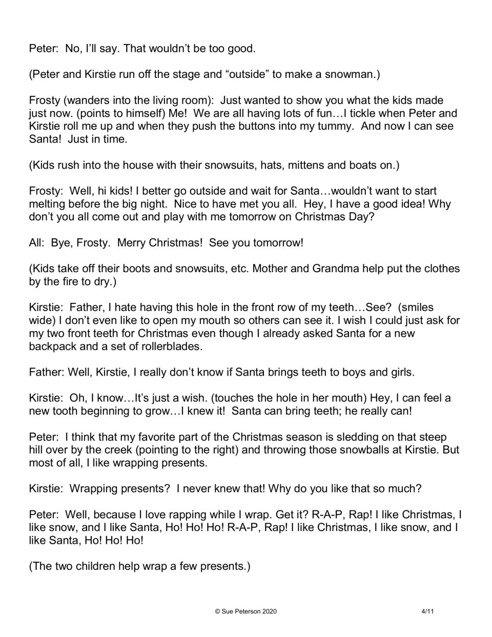 Third script page introduces Frosty, Kirstie’s wish for front teeth, and Peter’s rap while wrapping presents