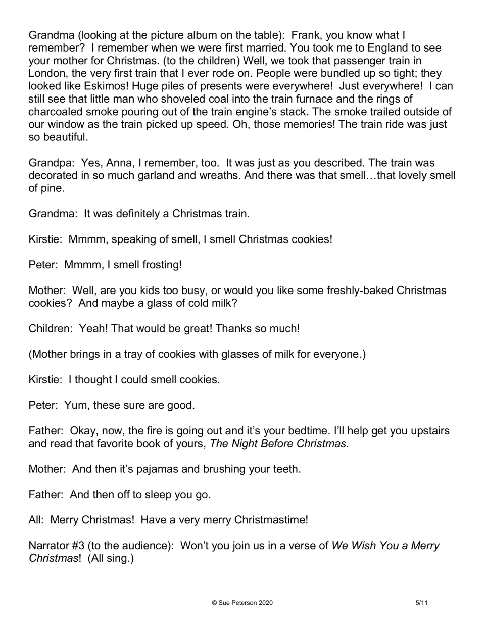 Final script page shares grandparents’ Christmas train memories, cookies, bedtime, and a closing audience song