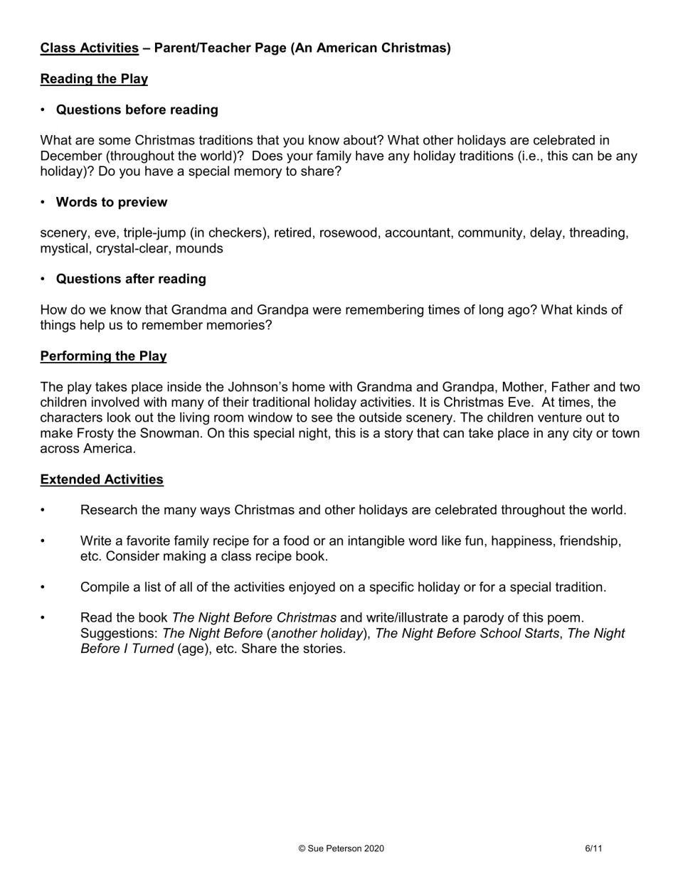 Teacher guide provides reading questions, vocabulary to preview, performance context, and holiday extension tasks