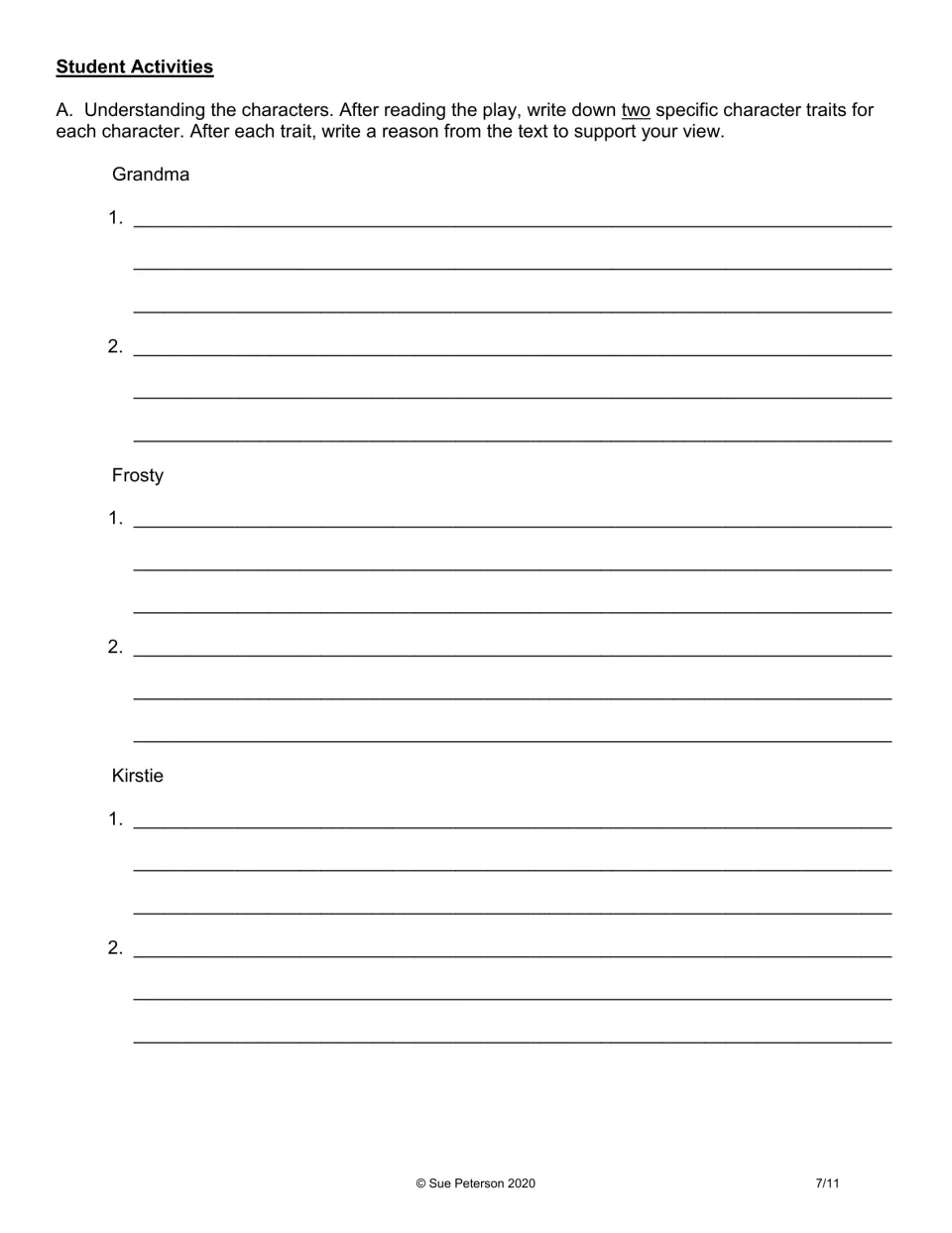 Character activity asks for two traits each for Grandma, Frosty, and Kirstie, supported by reasons from the text