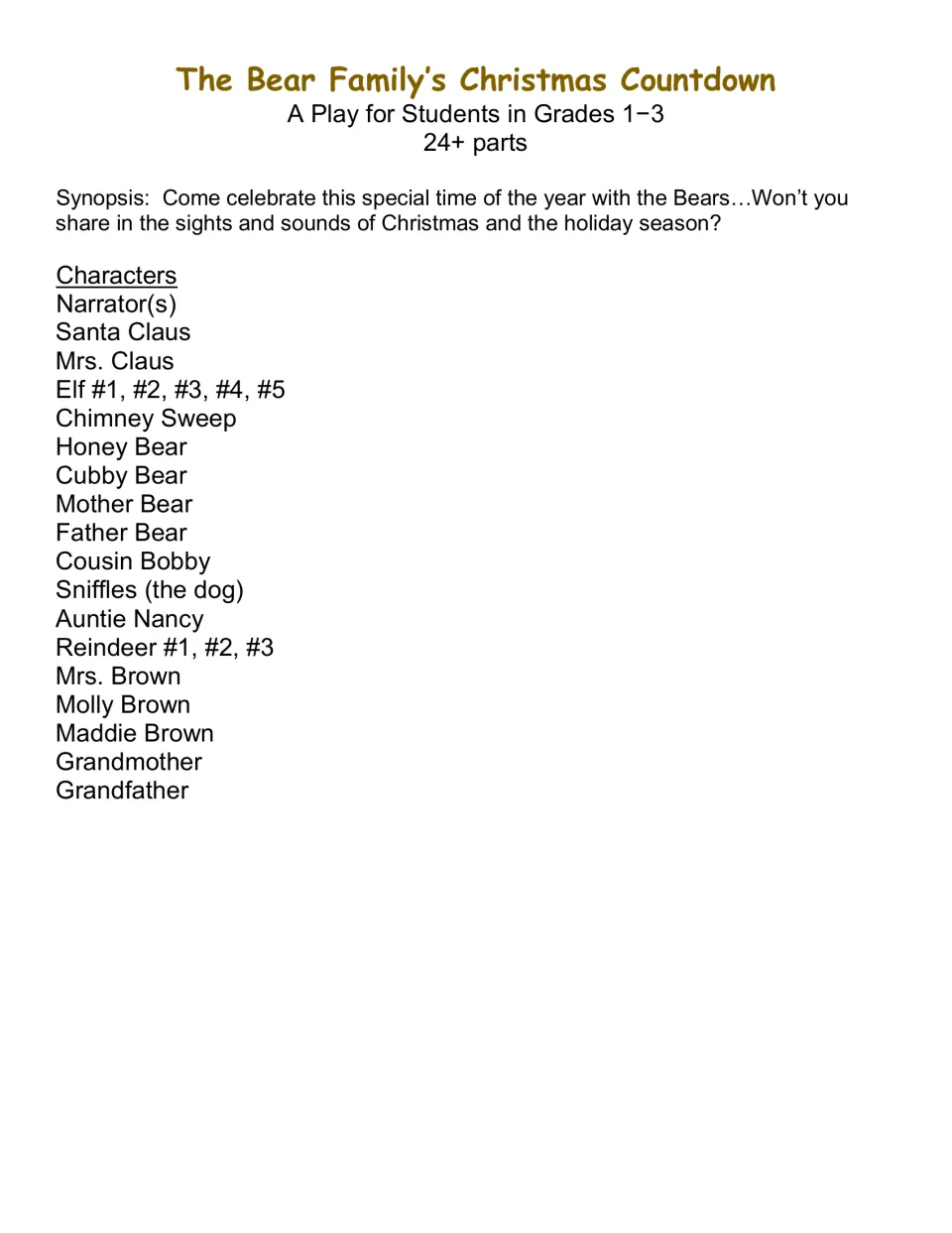 Play synopsis and cast list for 24+ parts, including narrators, Santa, five elves, bears, and three reindeer