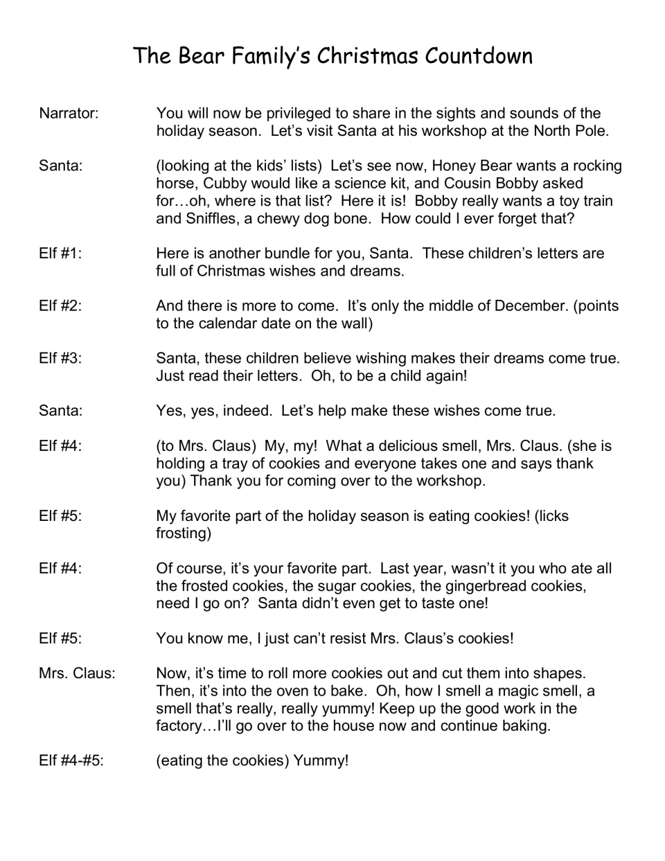 Opening script page: Santa reads the cubs’ gift wishes while five elves enjoy cookies from Mrs. Claus