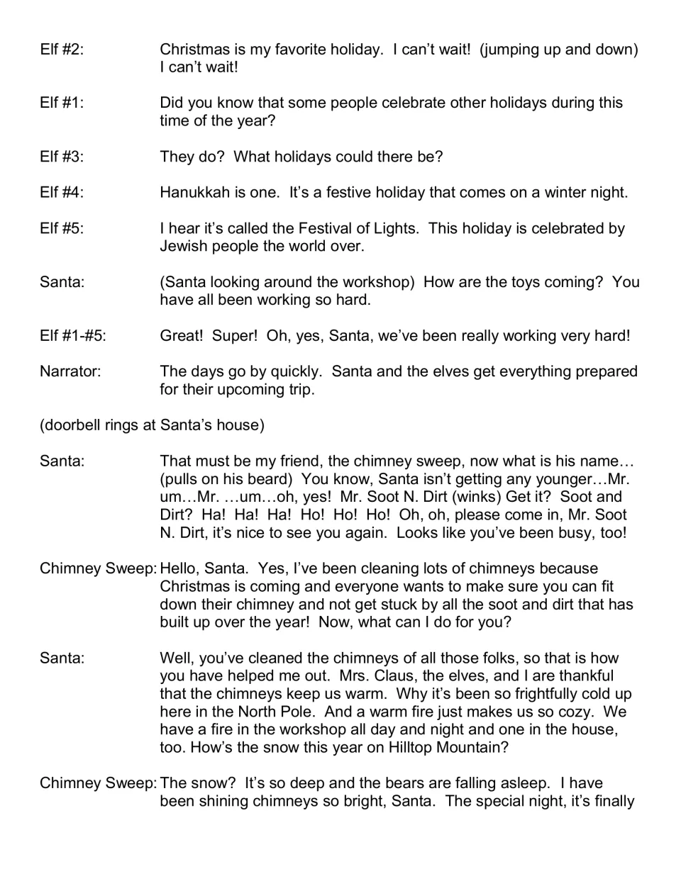 Script continuation: elves mention Hanukkah, and Santa welcomes the chimney sweep to discuss his work