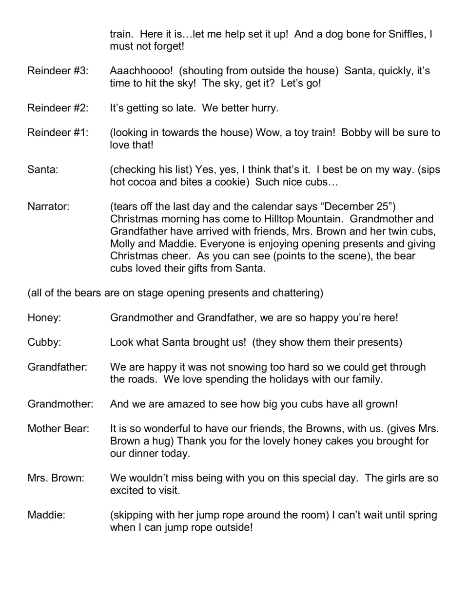 Script continuation: Santa leaves, the calendar reaches December 25, and grandparents and friends visit