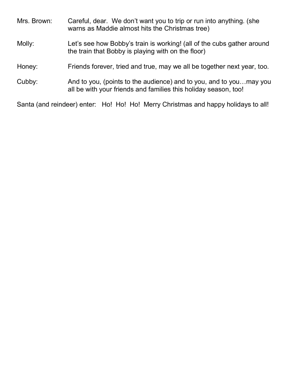 Final script page: cubs gather around Bobby’s train and wish the audience time with friends and family