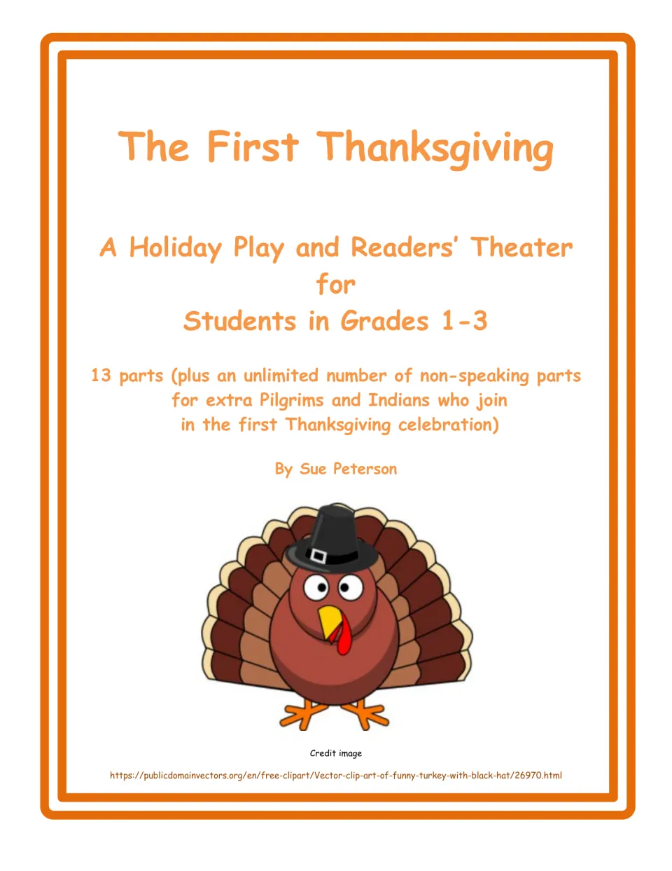 The First Thanksgiving cover identifies a holiday play and readers’ theater for grades 1–3 with 13 parts.
