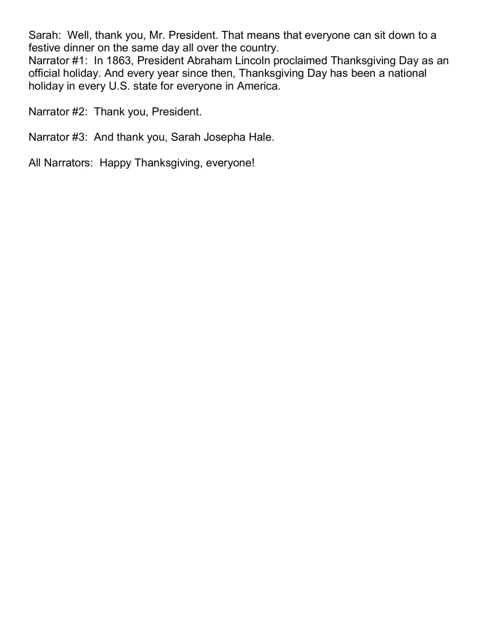 Closing script lines describe Lincoln’s 1863 proclamation, thank him and Sarah, and wish a happy Thanksgiving.