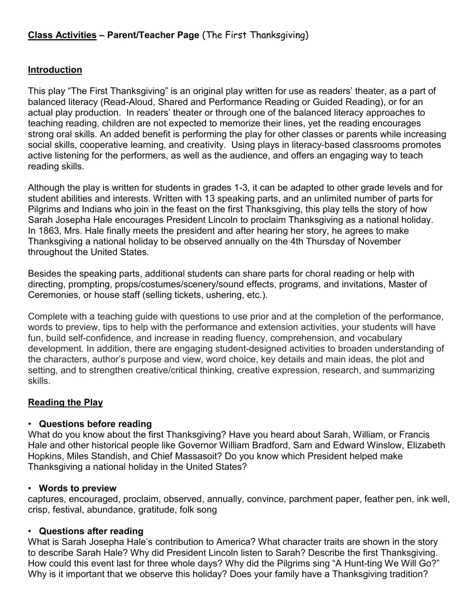 Parent/teacher guide explains readers’ theater use and provides before-reading questions, vocabulary, and prompts.