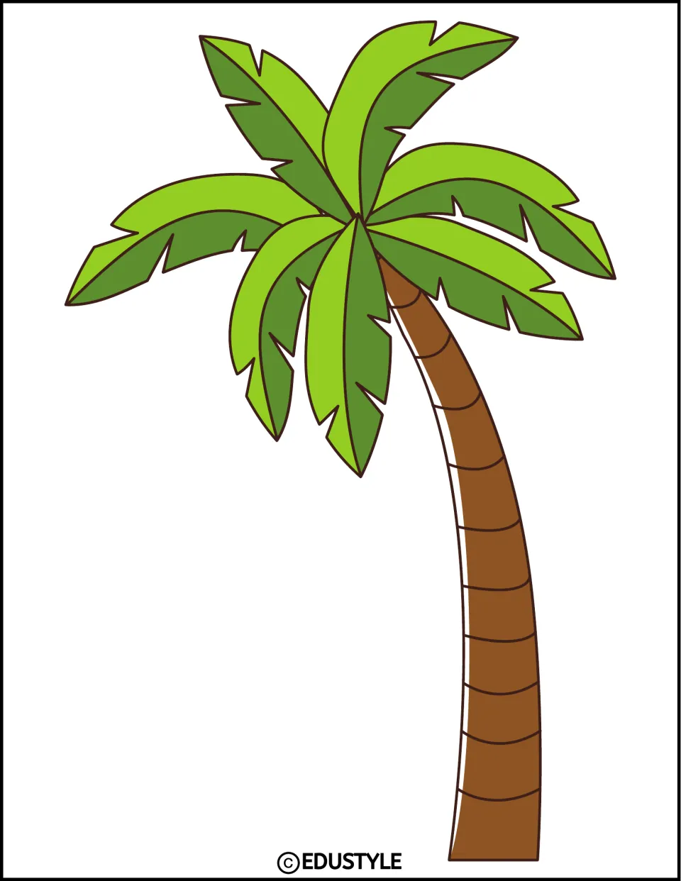 Palm tree element with green fronds and a long brown trunk curving left for the Hawaiian summer decor kit