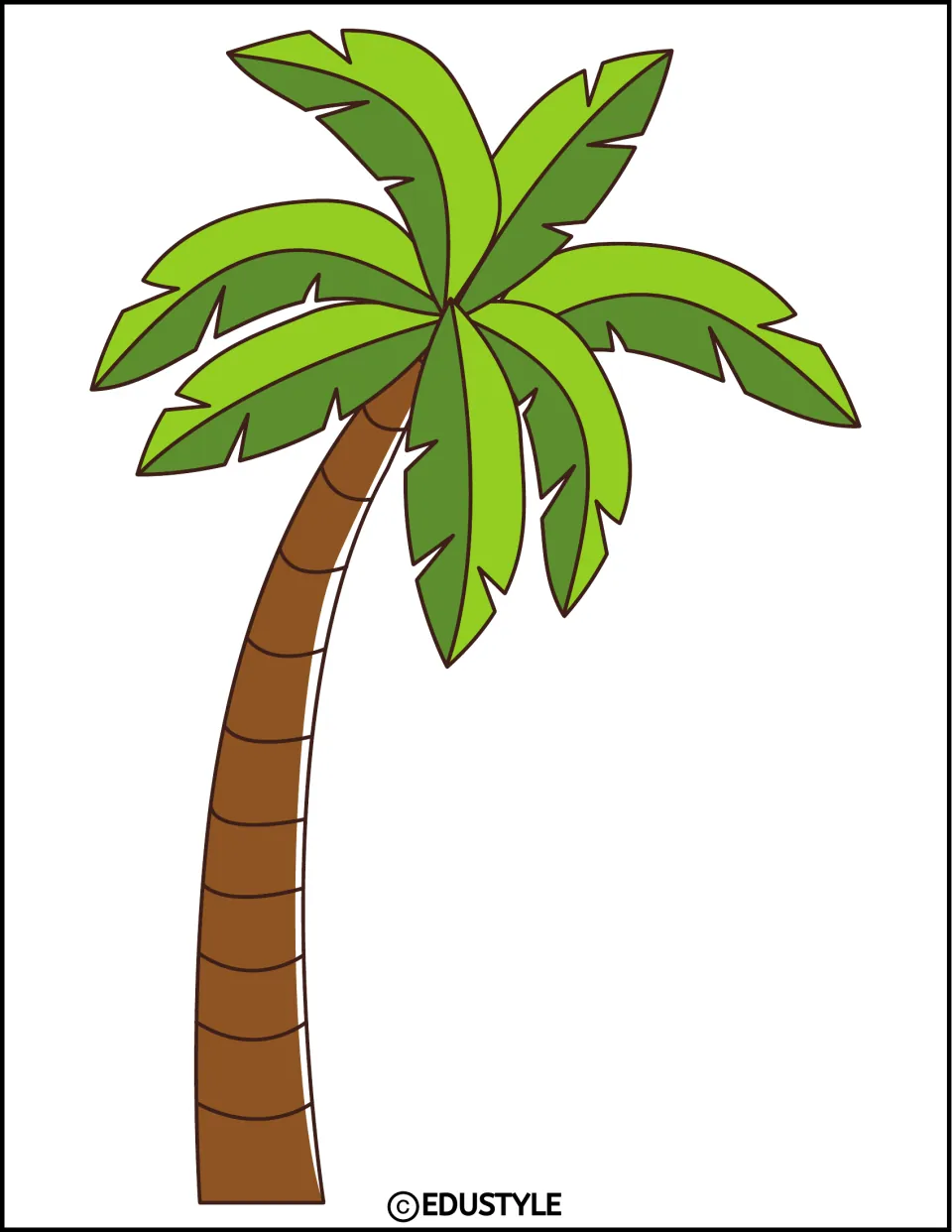 Palm tree element with green fronds and a long brown trunk curving right for the Hawaiian summer decor kit