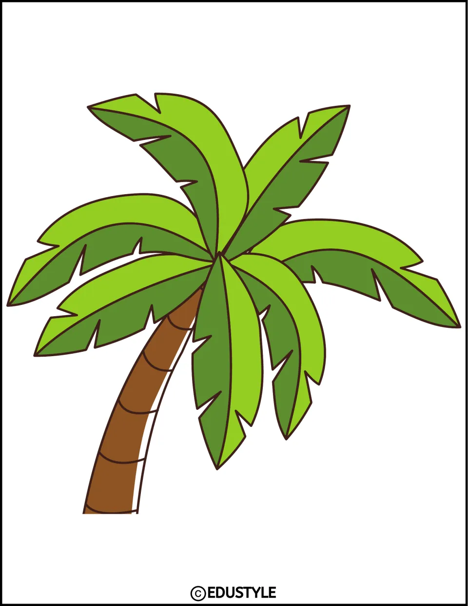 Palm tree element with broad green fronds and a shorter trunk curving right for the summer classroom decor kit