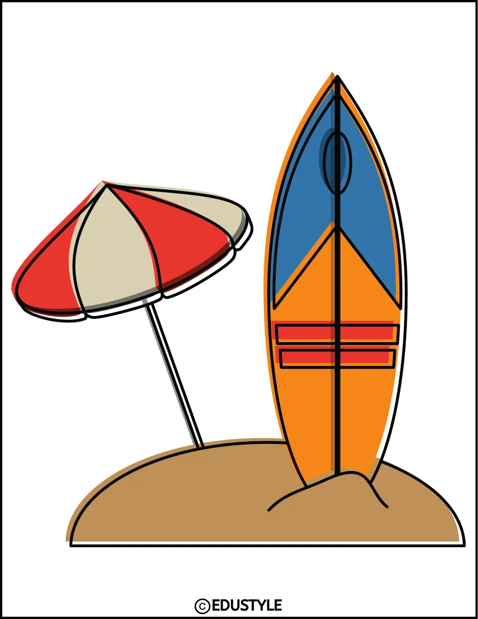 Beach scene decor element with an orange and blue surfboard beside a red and cream umbrella on sand