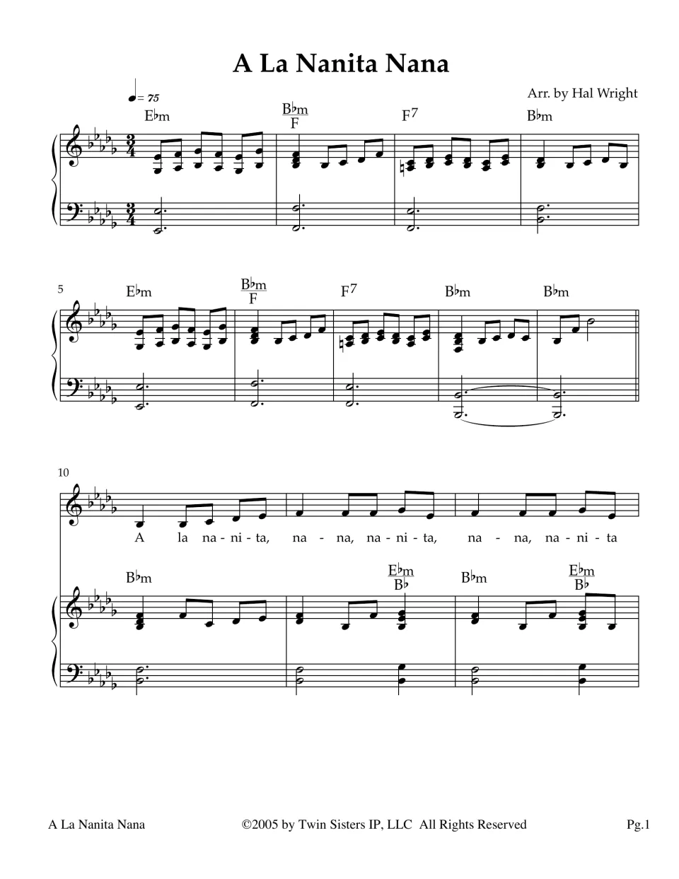 A La Nanita Nana score opening, arr. Hal Wright: piano intro in 3/4 at 75 bpm, then vocals begin at measure 10