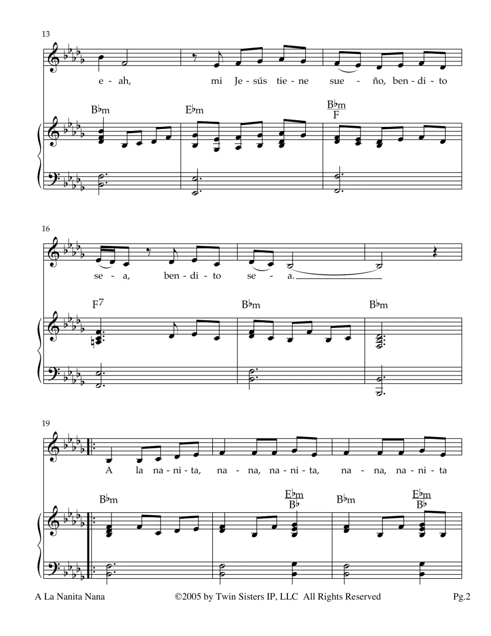 Spanish lullaby score, measures 13-21: voice sings 'mi Jesús tiene sueño, bendito sea' over piano, then a repeat begins