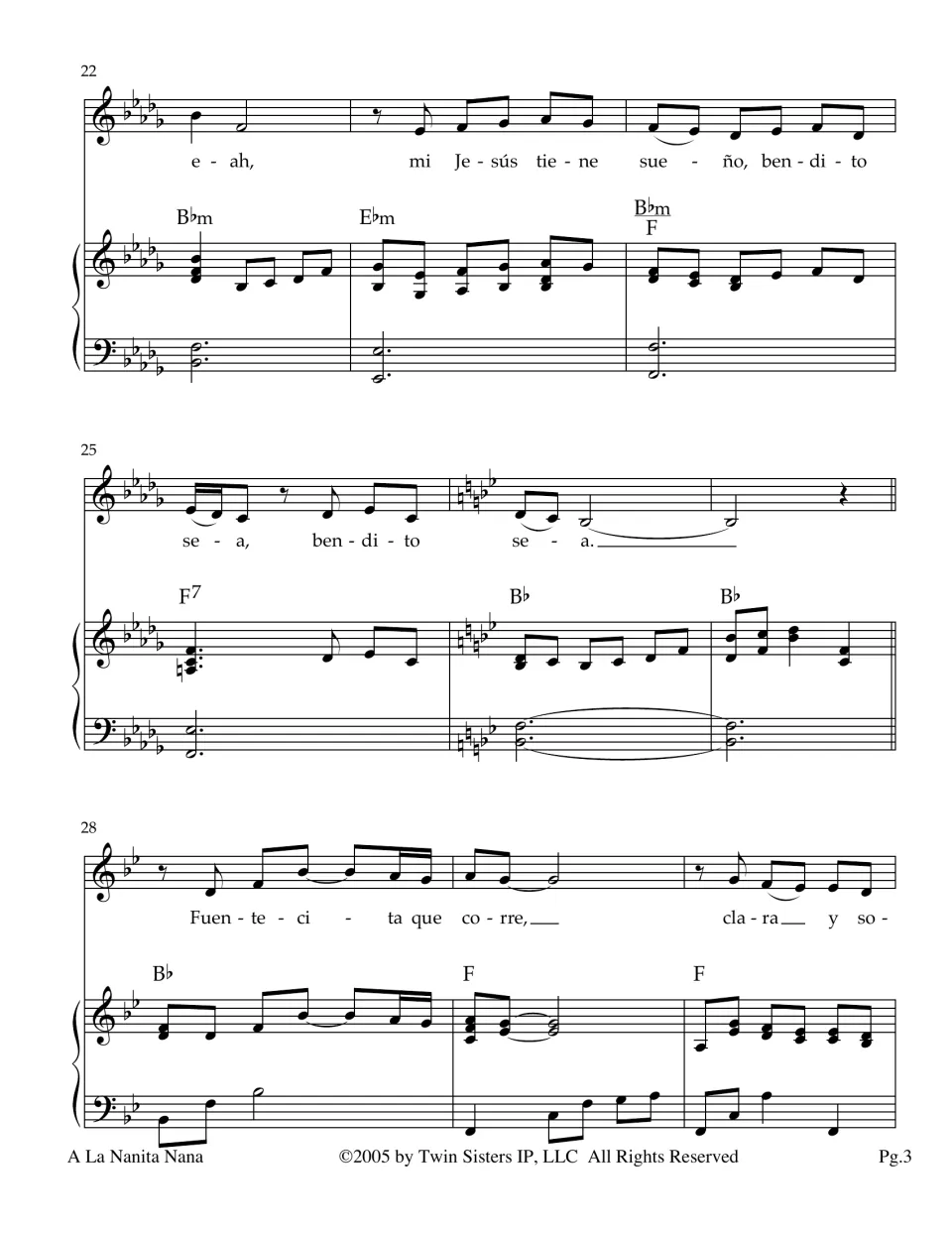 Lullaby sheet music, measures 22-30: key changes to B-flat major as the voice begins 'Fuentecita que corre, clara y so-'
