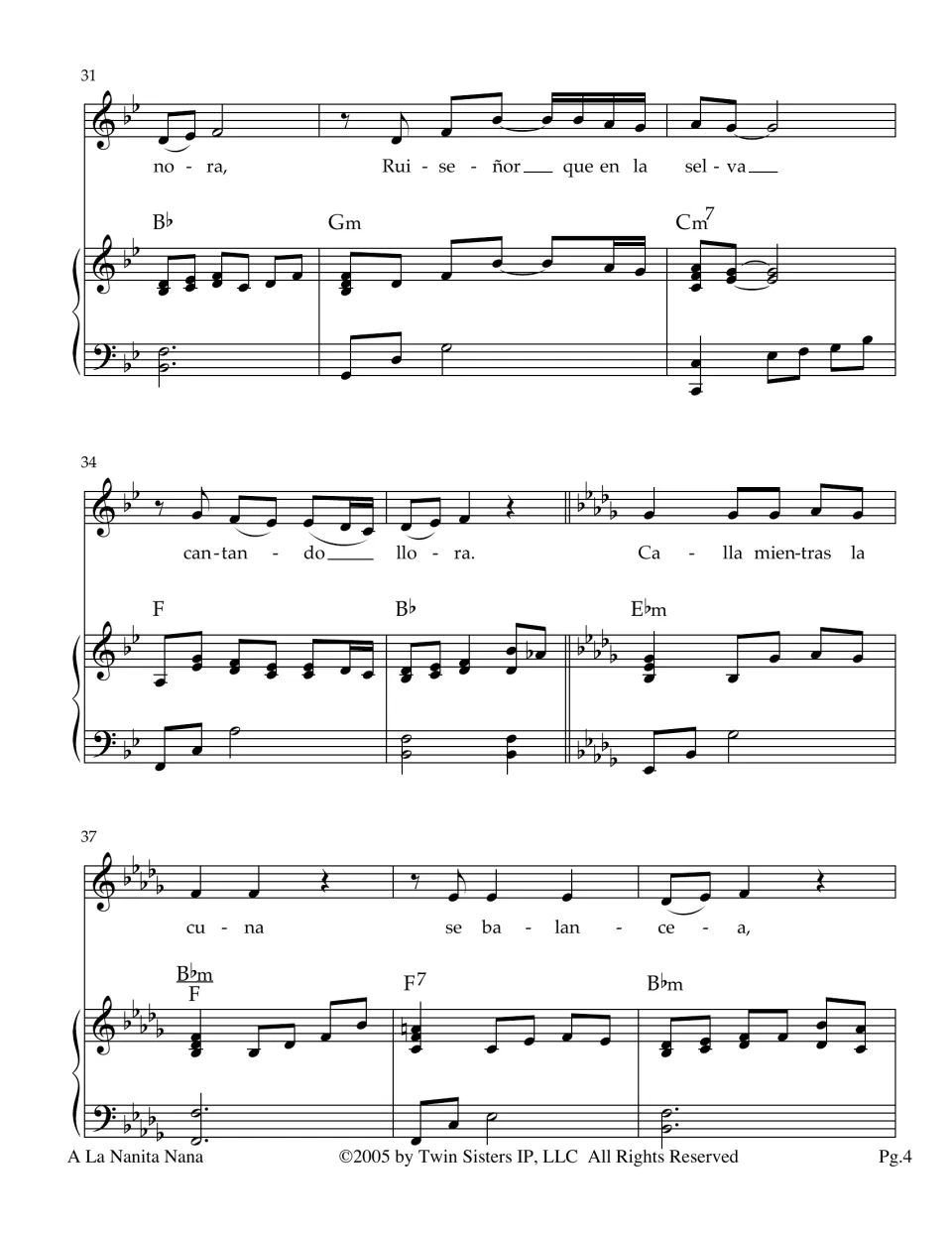 Vocal score, measures 31-39: lyrics 'Ruiseñor que en la selva cantando llora' and 'Calla mientras la cuna se balancea'