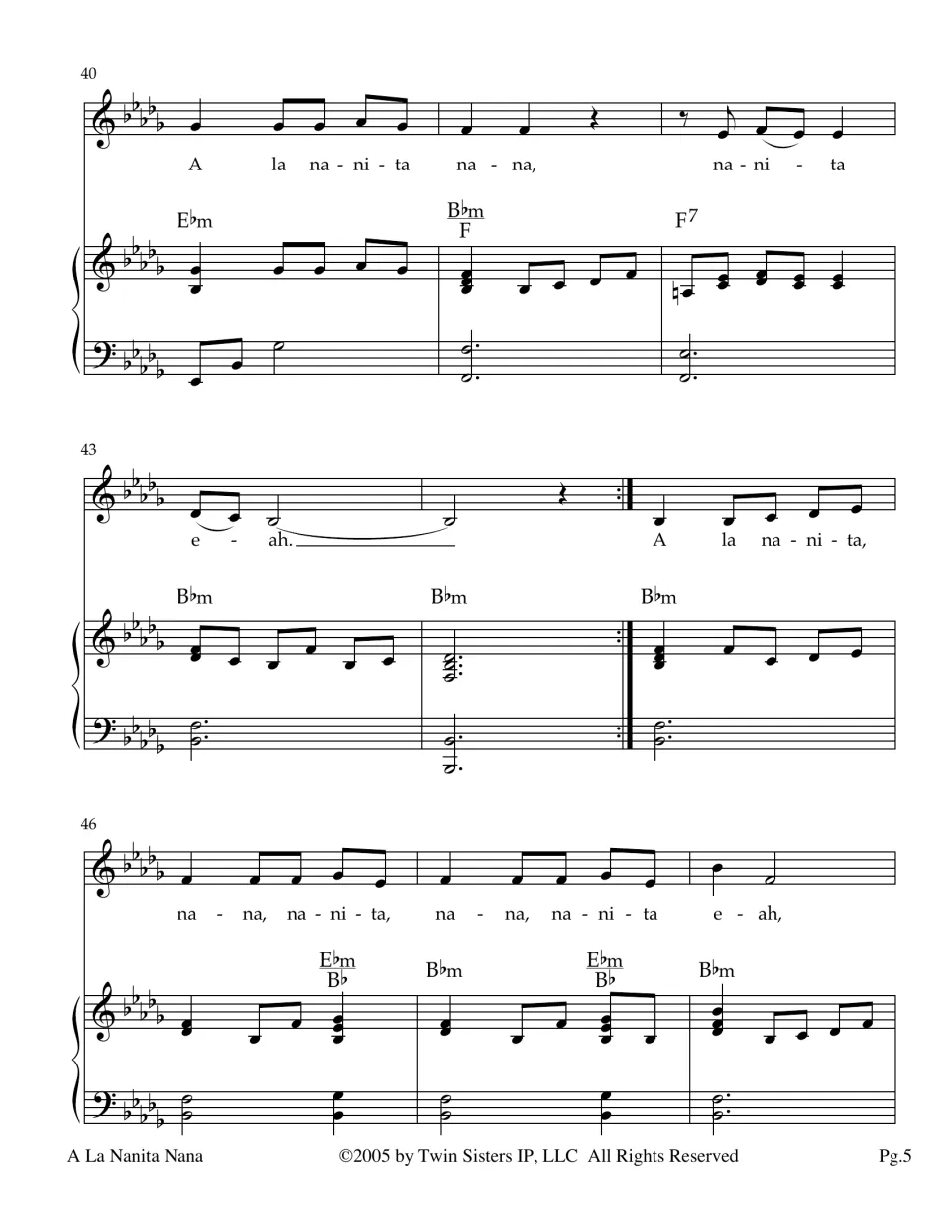 Song score, measures 40-48: refrain 'A la nanita nana, nanita ea' ends at a repeat sign, then it is sung once more