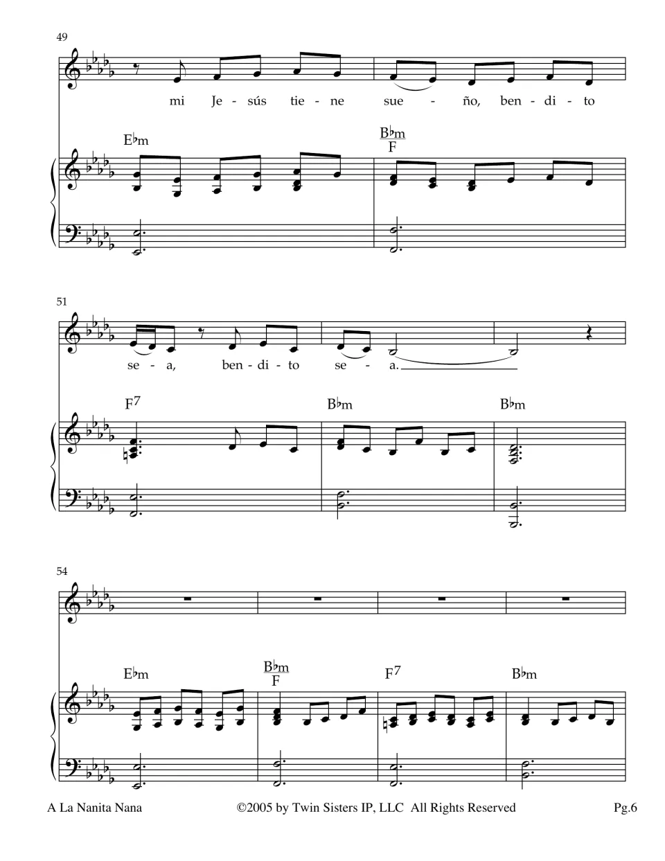 Piano-vocal score, measures 49-57: final 'mi Jesús tiene sueño, bendito sea' line, then voice rests during the piano outro