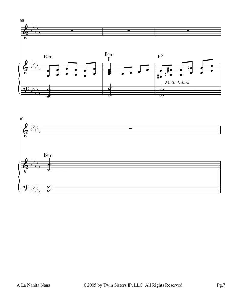 Closing measures 58-61 for piano alone, marked Molto Ritard, ending on a held B-flat minor chord at the final double bar