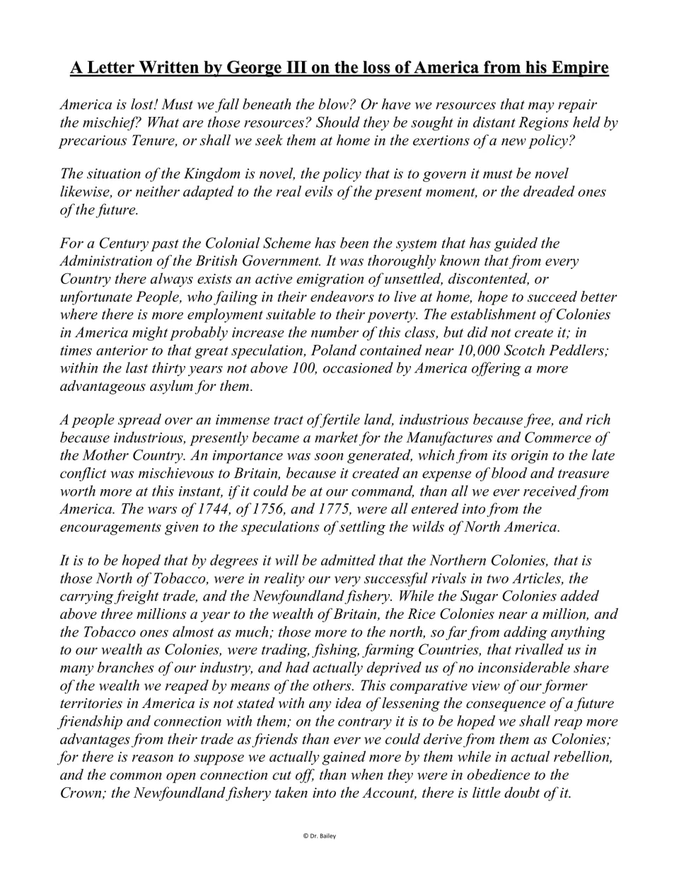 First part of George III's letter on losing America, discussing colonial trade, war costs, and independence.