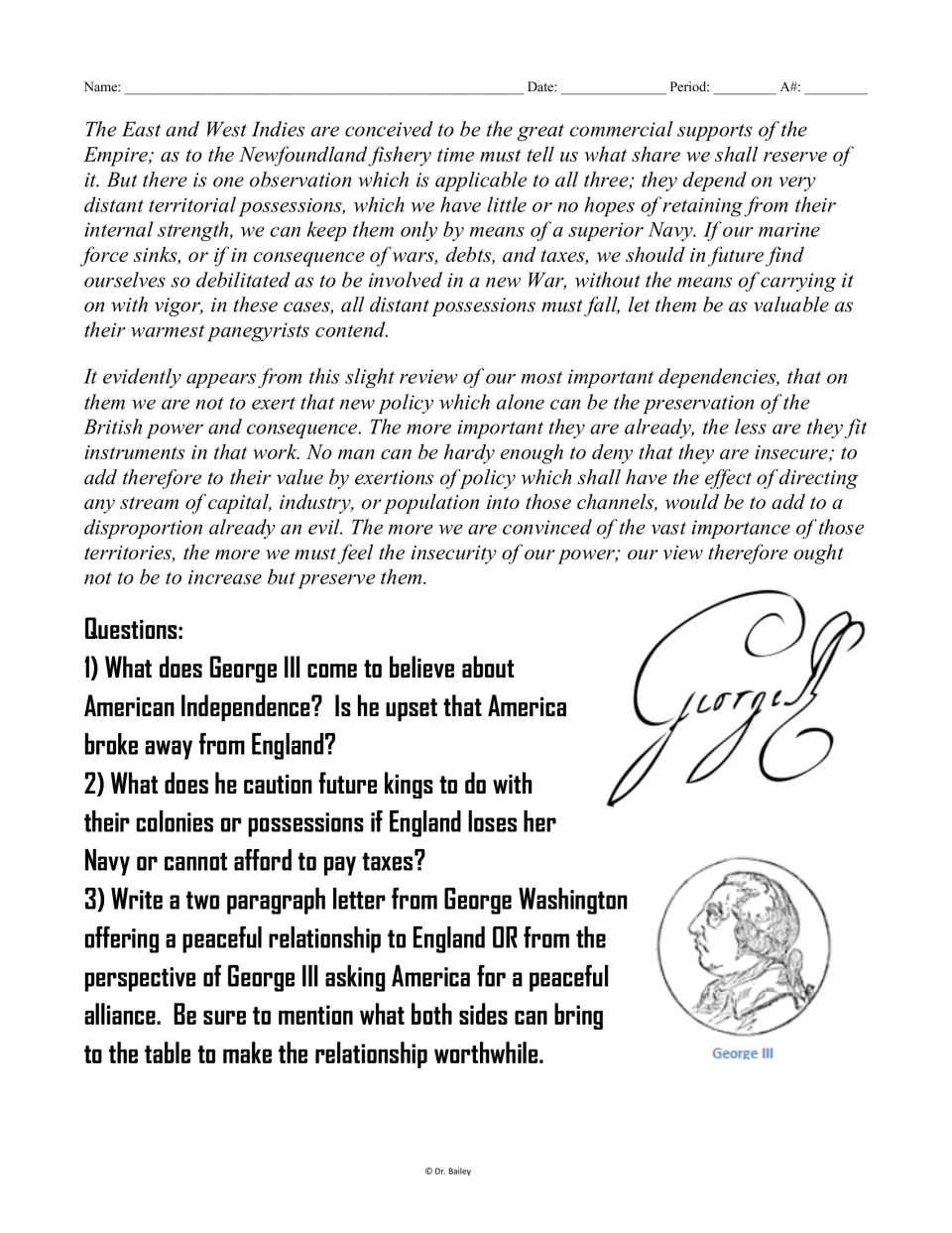 Conclusion of George III's letter on colonial security, with two analysis questions and a letter-writing prompt.