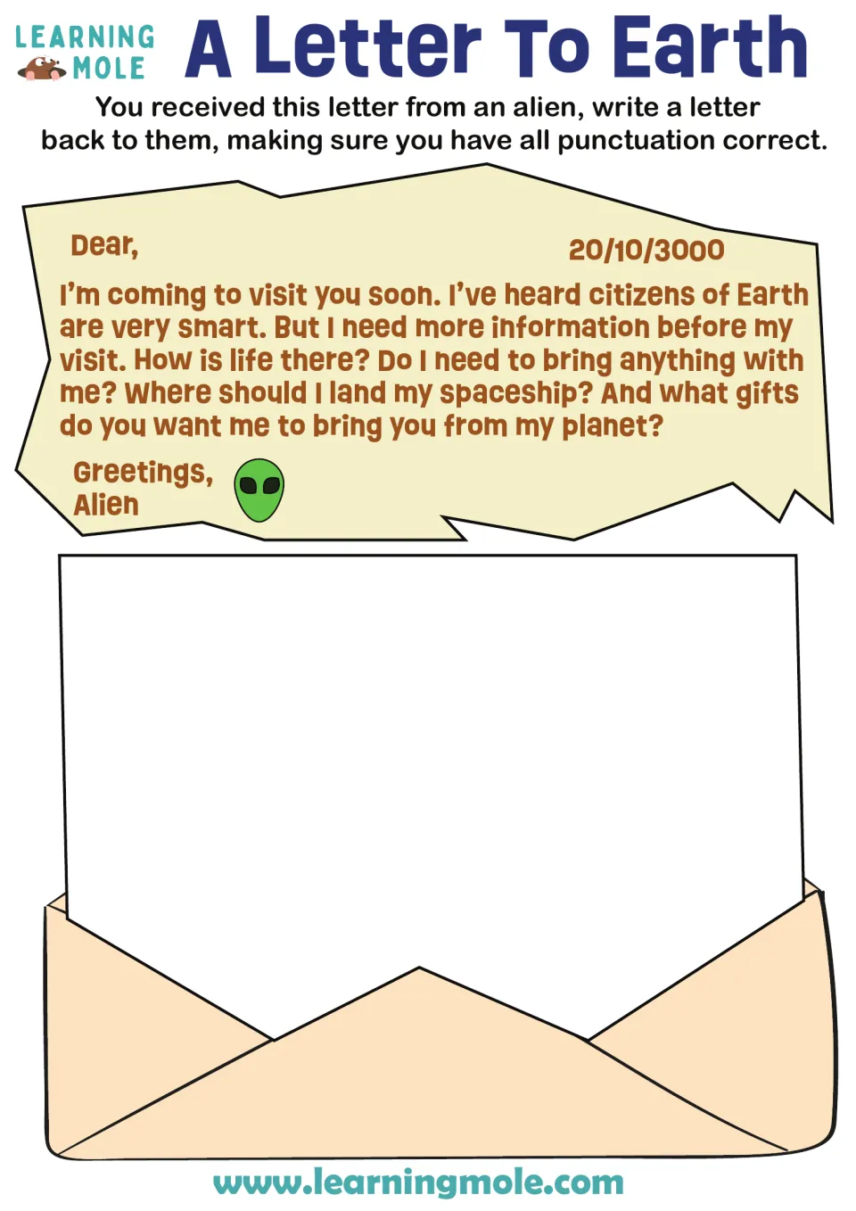 Letter writing with punctuation: students read an alien's questions about life on Earth and write a reply letter