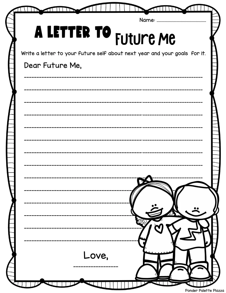 Goal-setting letter writing: students write to their future self about next year, opening Dear Future Me and signing Love
