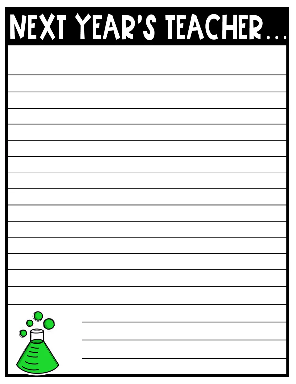 Next Year's Teacher letter page with a green flask: students write or continue their letter, no self-portrait space