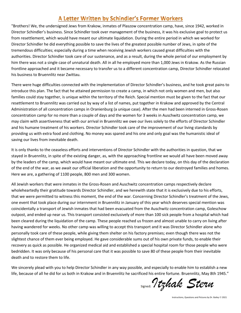 Primary source: the May 8, 1945 letter from Schindler's former workers, signed Itzhak Stern, for students to read closely