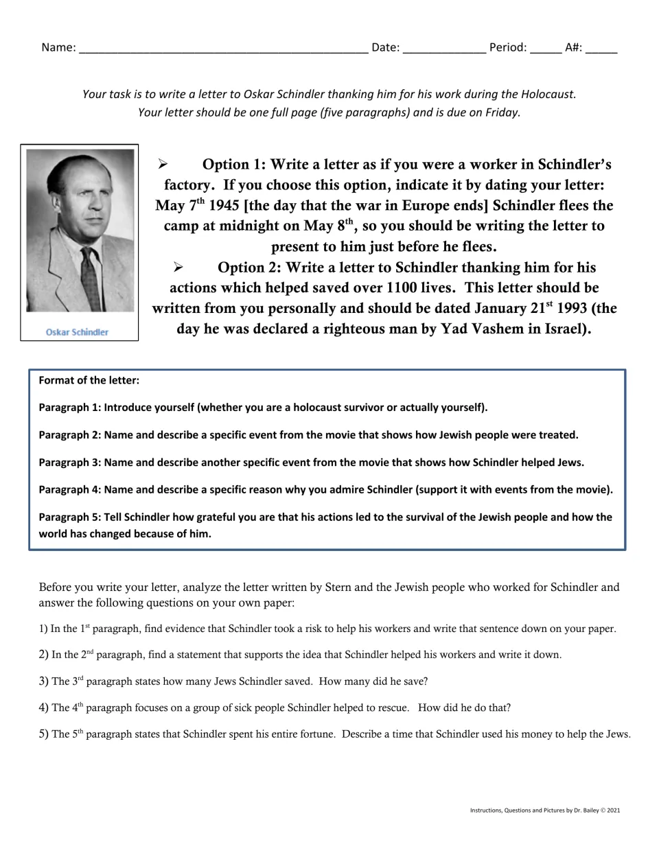 Thank-you letter to Schindler: students answer 5 questions on Stern's letter, then write five paragraphs dated 1945 or 1993