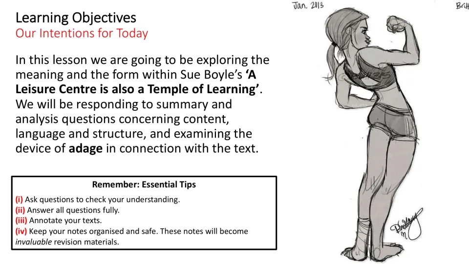 Lesson objectives introduce meaning, form, content, language, structure, and the use of adage in Boyle’s poem
