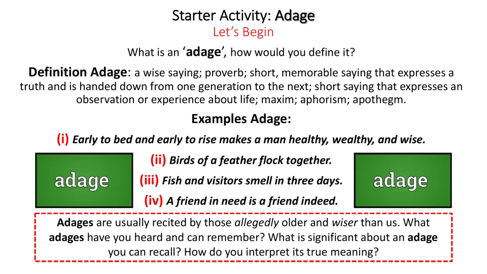 Adage starter defines the term, gives four sayings, and asks students to recall and interpret examples