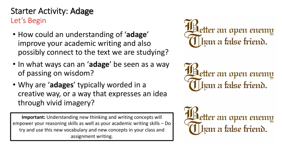 Adage follow-up asks how sayings support academic writing, connect to the poem, and pass on wisdom through imagery