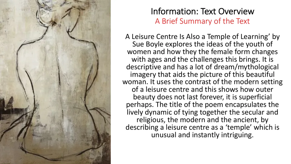 Text overview summarizes youth, aging, female beauty, mythological imagery, and the poem’s contrasting settings