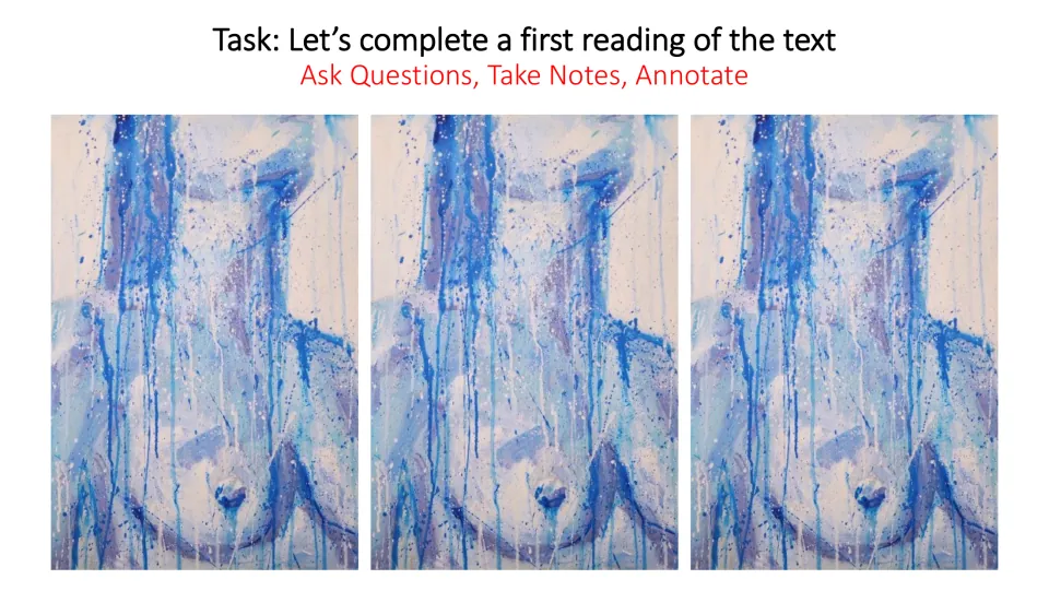 First-reading instruction slide asks students to read the poem, ask questions, take notes, and annotate