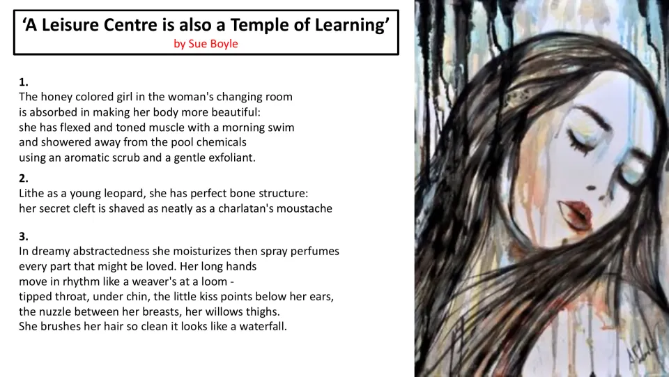 Poem text, stanzas 1–3: a young woman’s swimming and grooming routine, with leopard, loom, and waterfall imagery