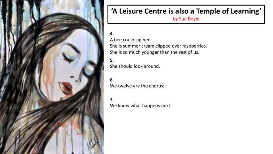 Poem text, stanzas 4–7: the woman’s youth contrasts with twelve observers who form a chorus and know what comes next