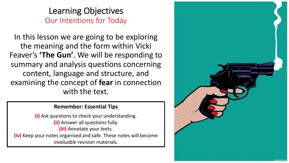 Learning objectives slide introduces meaning, form, content, language, structure, and fear in the poem