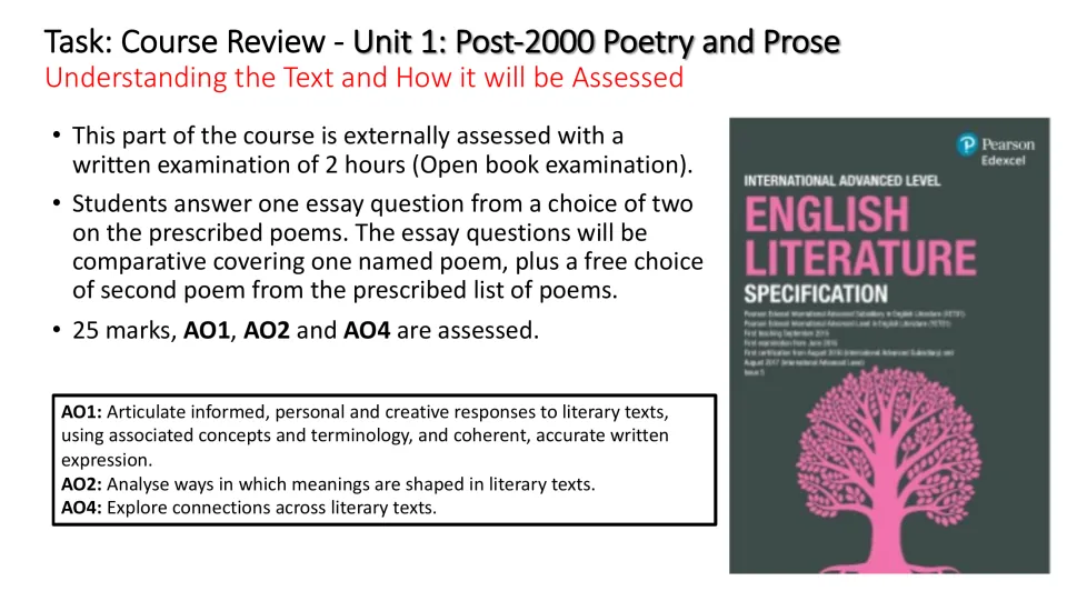 Course review slide outlines a two-hour open-book exam, comparative poetry essays, and AO1, AO2, and AO4