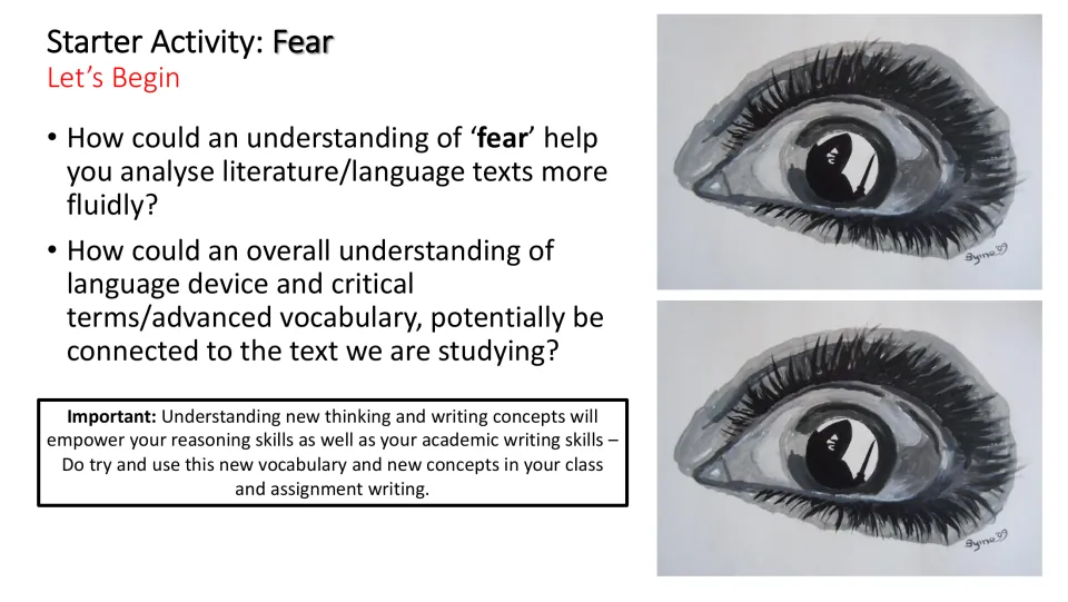 Second fear starter connects understanding fear, language devices, and critical vocabulary to text analysis