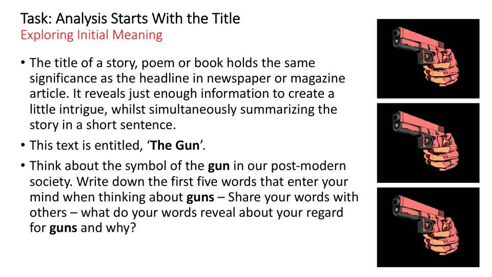 Title analysis task asks students to list five words associated with guns and explain what their words reveal