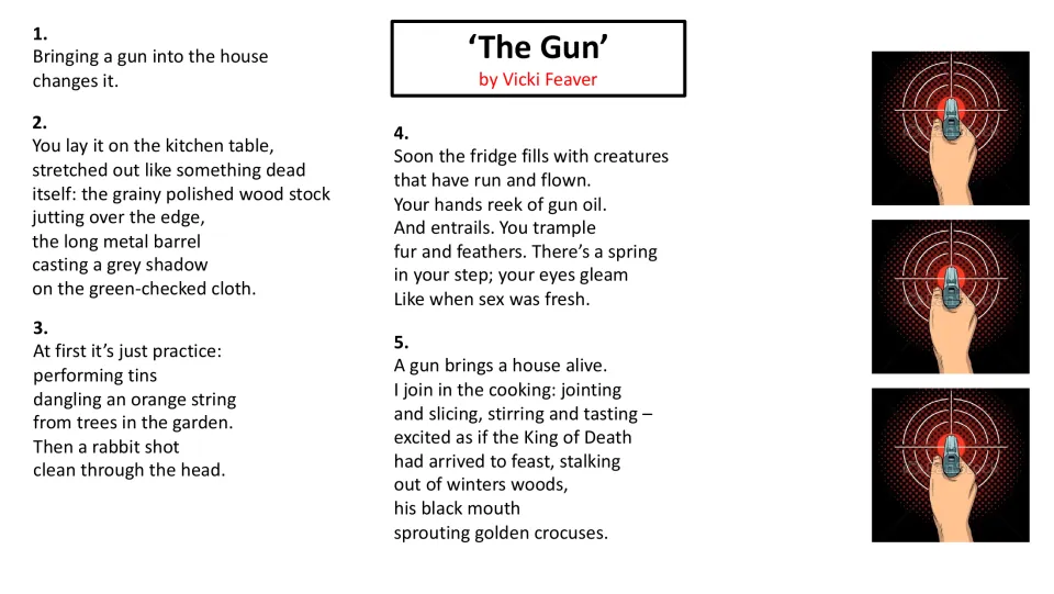 Poem reading slide presents five numbered stanzas, from bringing a gun home to the arrival of the King of Death