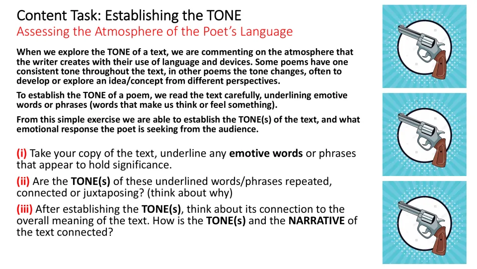 Tone analysis task asks students to underline emotive language, compare tones, and connect tone to narrative