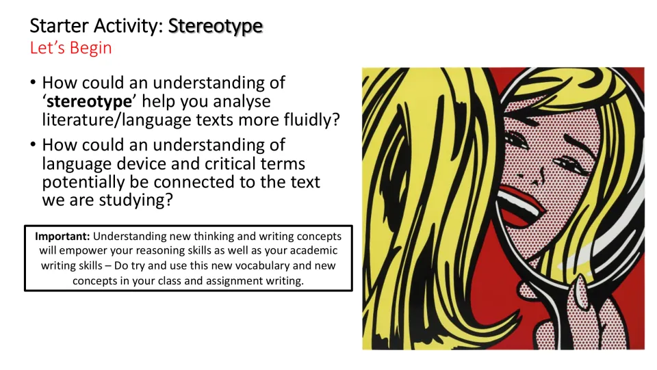 Follow-up starter slide asking how stereotypes, language devices, and critical terms support literary analysis