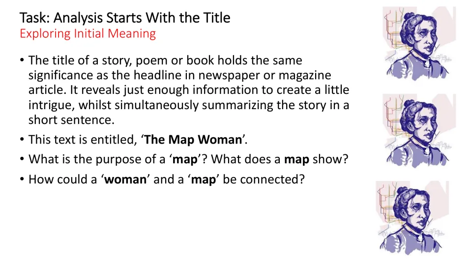 Title analysis slide asking what maps show, their purpose, and how a woman and a map could be connected