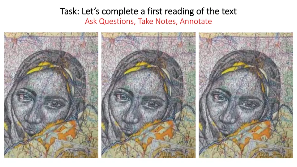 First-reading instruction slide directing students to read the poem, ask questions, take notes, and annotate