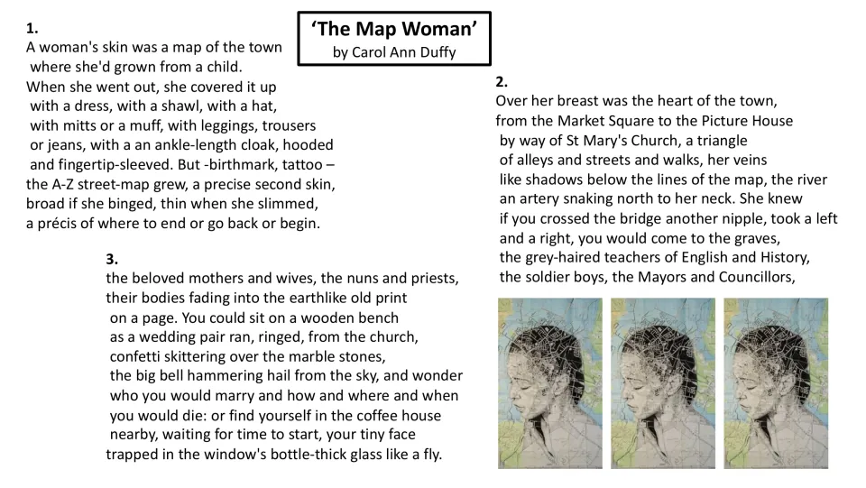 Poem reading slide presenting stanzas 1–3, introducing the woman’s mapped skin and landmarks of her hometown