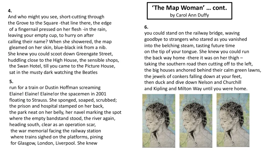 Poem continuation slide presenting stanzas 4–6, tracing familiar streets, movie memories, and the railway