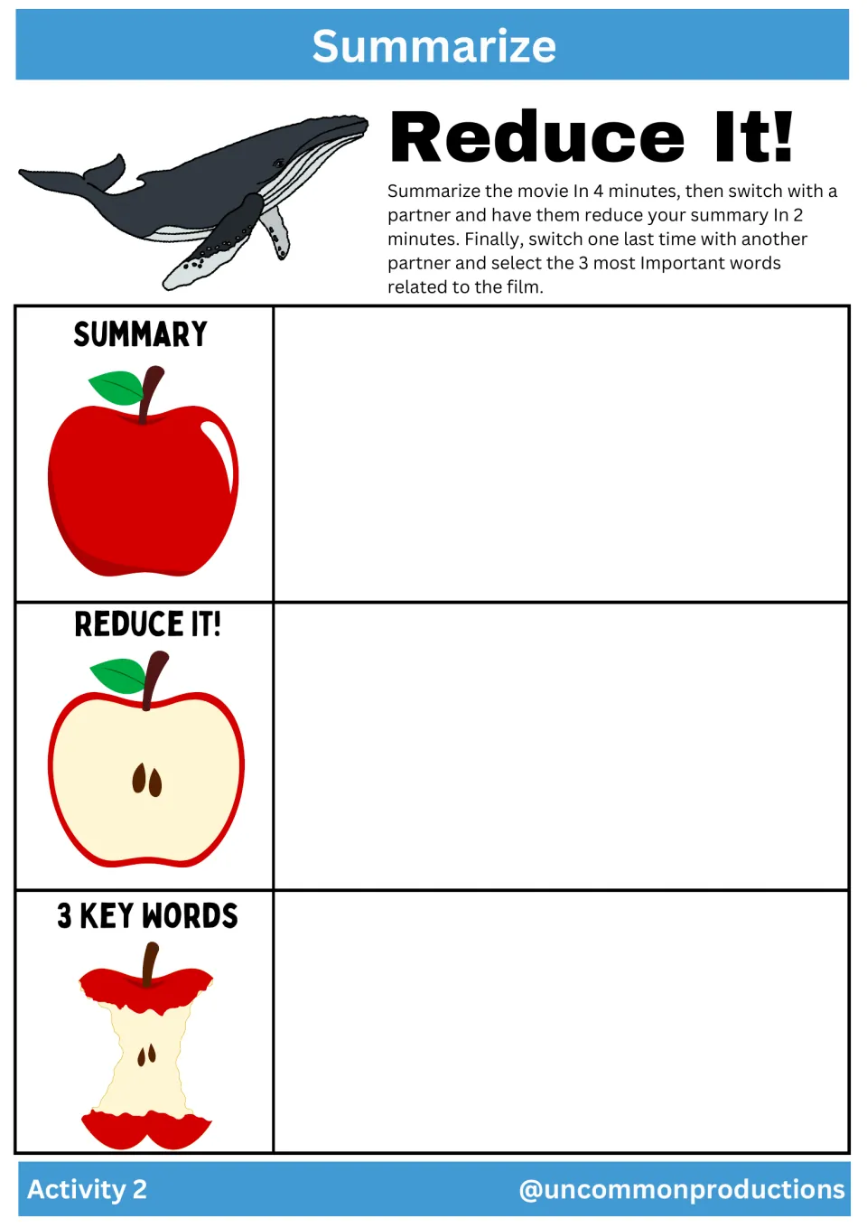 Activity 2 asks partners to summarize the film in four minutes, reduce it in two, then choose three key words