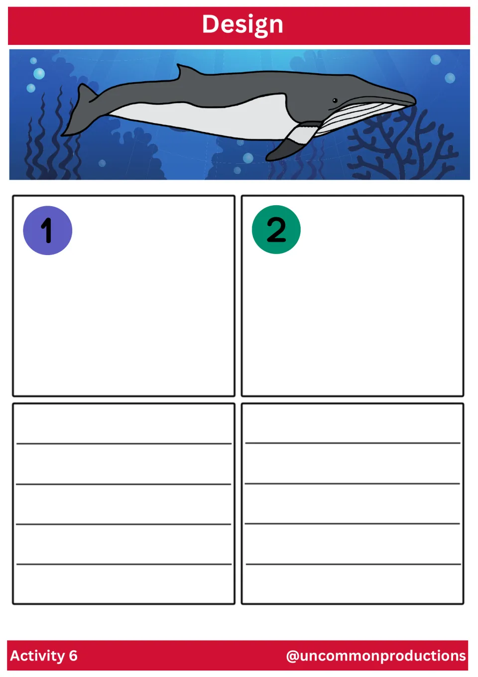 Activity 6 story template provides scenes 1 and 2 for students to illustrate and write their children’s book